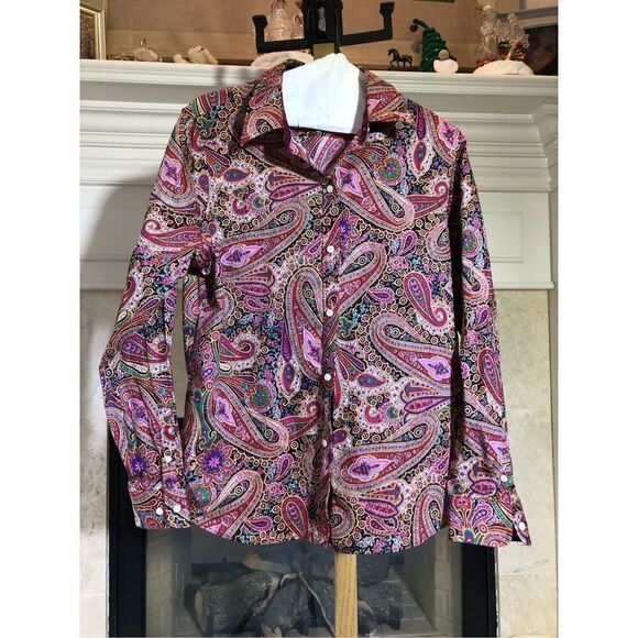 Chaps Women’s Pink Paisley Design Pattern Long Sleeve Collared Button Up Blouse - Picture 1 of 6